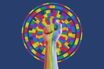 Digital collage modern art. Hand raised. Colorful Rainbow, LGBT, Gay pride