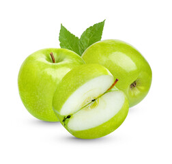 Fresh green apple with leaves isolated on white background