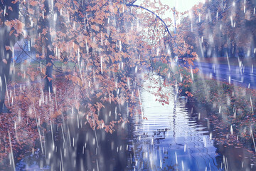 pond autumn rainy landscape / rain on an autumn pond in cloudy weather, walk through the October park, background rain texture, concept autumn picture