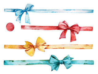 Set of watercolor bows. Multi-colored bows for decorating postcards.