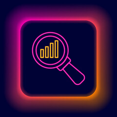 Glowing neon line Magnifying glass and data analysis icon isolated on black background. Colorful outline concept. Vector