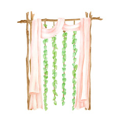 Watercolor wood wedding arch with hanging ivy leaves garlands and pastel curtains. Hand drawn wood archway isolated on white. Boho wedding decoration, rustic decor for invitation, save the date.