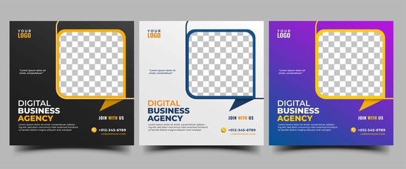 Set of Digital business agency social media post template. Editable modern square banner design with place for the photo. Usable for social media, banners, and websites.