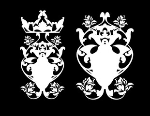 royal crown and heraldic rose flowers black and white vector calligraphic silhouette design set