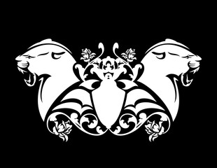 roaring panther head and heraldic shield among rose flower decor - black and white vector vintage style coat of arms design