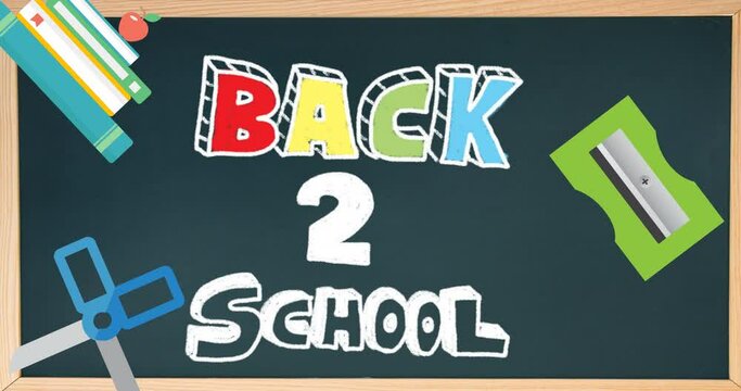 Animation of back to school text and school items icons on black background