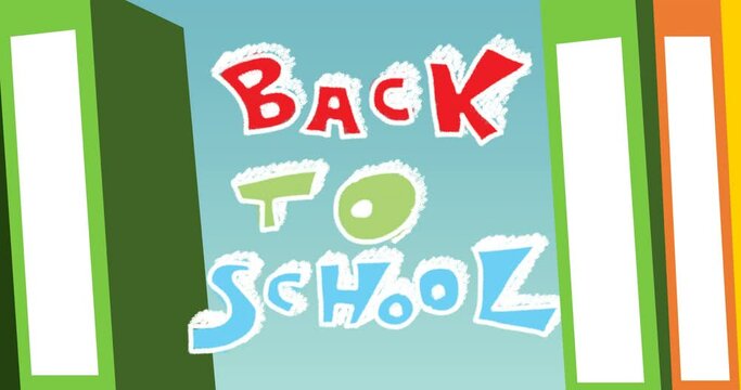 Animation of back to school text and book digital icons on blue background