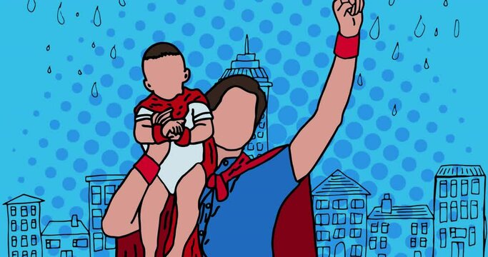 Animation of superhero family together on blue background