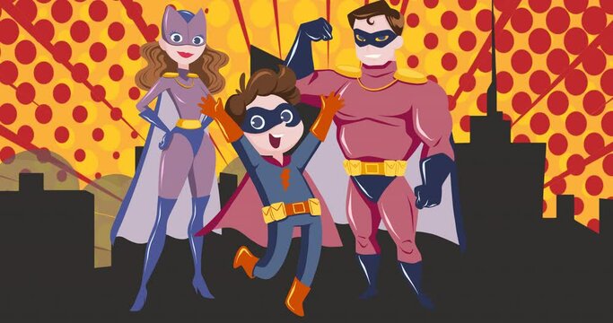 Animation of superhero family embracing on yellow background