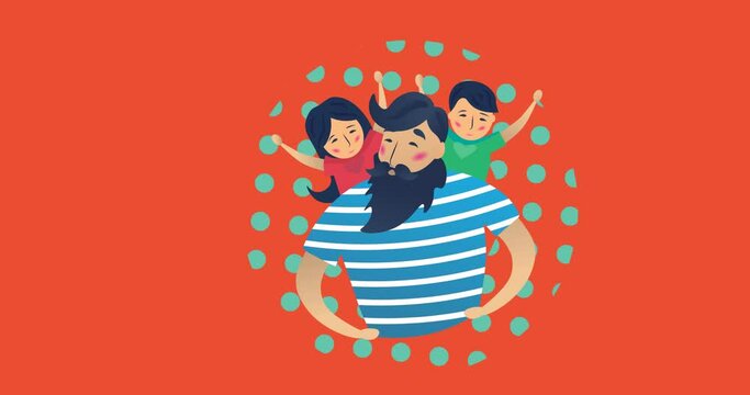 Animation of happy family embracing on red background