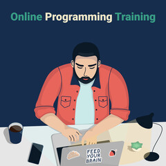 A man studies digital online programming course. A person works home as a remote website coder or application developer. Flat character design with a laptop in bright colors is perfect as a banner.