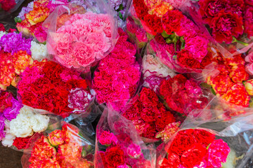 ANTALYA, TURKEY: Beautiful flowers carnation on the street market, traditional Turkish bazaar in...