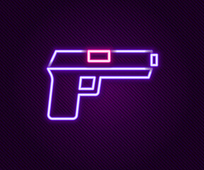 Glowing neon line Pistol or gun icon isolated on black background. Police or military handgun. Small firearm. Colorful outline concept. Vector