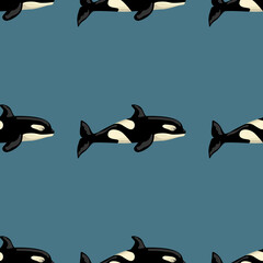 Seamless pattern Orca on blue - green background. Template of cartoon character of ocean for children.