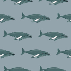 Seamless pattern Humpback whale on gray background. Template of cartoon character of ocean for children.