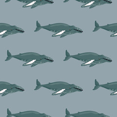 Seamless pattern Humpback whale on gray background. Template of cartoon character of ocean for children.