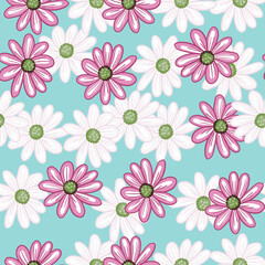 Random pink and white colored daisy flowers silhouettes seamless pattern. Blue background. Ditsy backdrop.