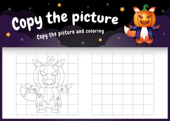copy the picture kids game and coloring page with a cute fox using halloween costume