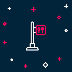 Line Cafe and restaurant location icon isolated on blue background. Fork and spoon eatery sign inside pinpoint. Colorful outline concept. Vector.