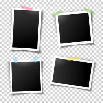 Photo frames fixed with adhesive tape. Vector templates set for editing. Illustration of realistic empty photo with shadows isolated on transparent background.