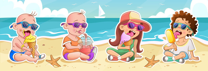 Cool kids in sunglasses with ice cream and juice sitting on the sea beach. Vector stickers. Summer background with sea, sky, clouds, starfish and sailboat on the sea waves. - obrazy, fototapety, plakaty