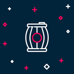 Line Gun powder barrel icon isolated on blue background. TNT dynamite wooden old barrel. Colorful outline concept. Vector