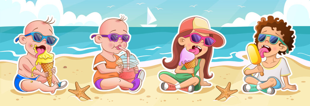 Cool Kids In Sunglasses With Ice Cream And Juice Sitting On The Sea Beach. Vector Stickers. Summer Background With Sea, Sky, Clouds, Starfish And Sailboat On The Sea Waves.