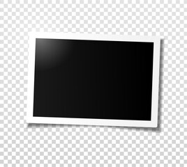 Wide horizontal photo frame with shadow. Template for editing. Vector realistic illustration of empty photo with shadow isolated on transparent grey checkered background.