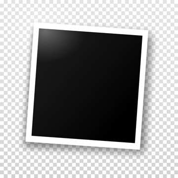 Photo frame template for editing. Vector realistic illustration of empty photo with a shadow isolated on transparent grey checkered background.