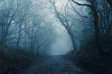 A path through a scary forest on a moody, dark, foggy, winters day