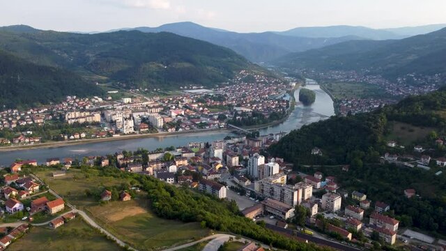 Aerial drone view of Gorazde, Bosnia and Herzegovina. Drina river and city of Gorazde in summer, view from above. 