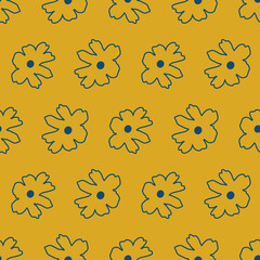 Minimalistic line art Blue flowers on mustard yellow background seamless pattern background. Perfect for fashion and textiles projects, product packaging, wallpaper, stationary, phone cases, tablets