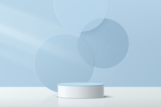Abstract 3D blue and white cylinder pedestal podium with blue glass circle layers backdrop. Pastel blue minimal wall scene for product display presentation. Vector geometric rendering platform design.