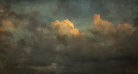 Art illustration. Handmade textured backdrop. Vintage background. Old paper background. The clouds. Sepia. Blank. Aged wallpaper for card. Template for design. Textured.