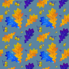 Fototapeta na wymiar Seamless pattern of yellow oak leaves on bright background. Autumn background. September pattern.