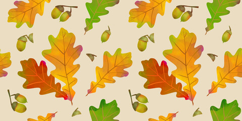 Obraz premium Seamless pattern of yellow oak leaves on bright background. Autumn background. September pattern.