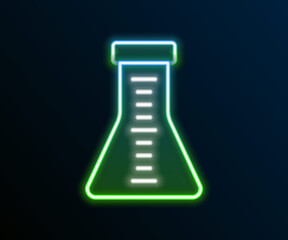 Glowing neon line Test tube and flask chemical laboratory test icon isolated on black background. Laboratory glassware sign. Colorful outline concept. Vector