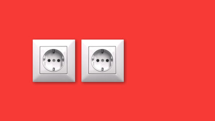 Two EU electric outlet on a modern red wall, flat background and design, copy space photo