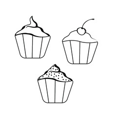 Doodle cupcakes set .Black outline vector illustration.