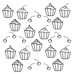 Vector doodle pattern of cupcakes  and cherries. Black outline illustration isolated on a white background.