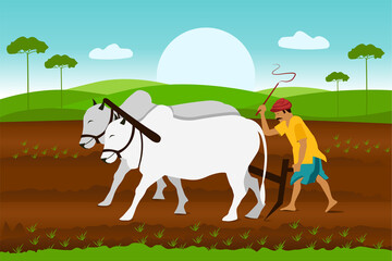 Indian agriculture landscape. Farmer working in indian rice fields rural worker vector cartoon background