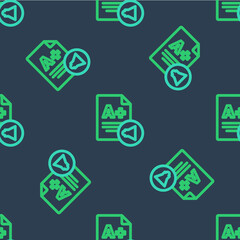 Line Exam sheet with A plus grade icon isolated seamless pattern on blue background. Test paper, exam, or survey concept. School test or exam. Vector