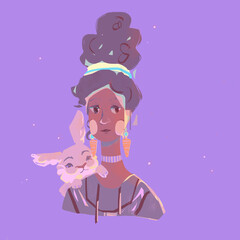 Character of a young stylish swarthy girl with a fluffy rabbit on her shoulder, the girl has a high hairstyle, carrot-shaped earrings in her ears, characters are isolated on a bright lilac background