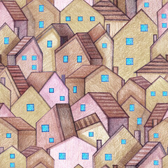 Urban landscape. Stylized cute houses. Seamless pattern. Hand drawing with colored pencils.