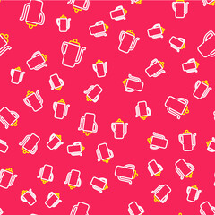 Line Traditional Chinese tea ceremony icon isolated seamless pattern on red background. Teapot with cup. Vector