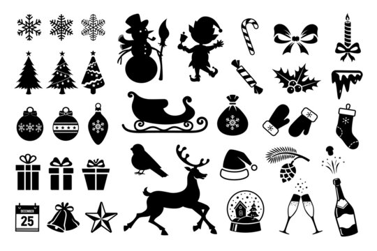 Christmas icons of decoration elements . Christmas silhouettes Vector winter black icons of snowflakes, christmas tree, balls, bottle, vector silhouettes of elf, snowman, deer. Big christmas set