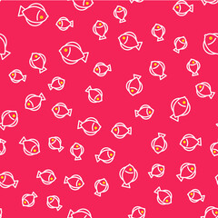 Line Fish icon isolated seamless pattern on red background. Vector