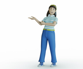 3d illustration happy young lady standing, Looking camera pointing,