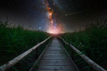 Wooden walkway and the milky way in the background