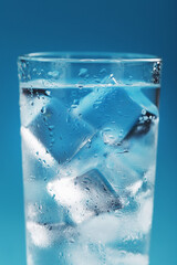 Ice cubes in a glass with refreshing ice water on a blue background.